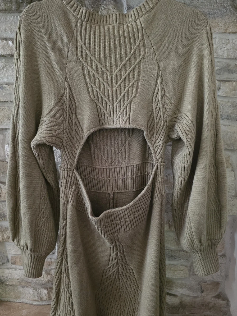Free People Olive-Taupe Cable Knit Midi Dress